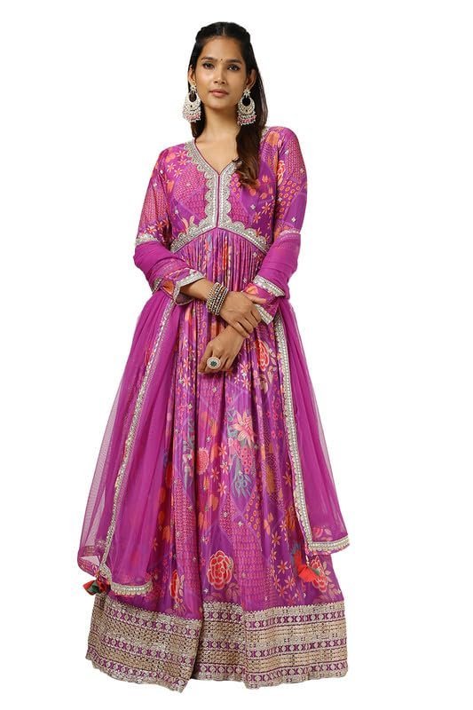 Soch Womens Purple Viscose Crepe Floral Print Gown with Gotta Patti