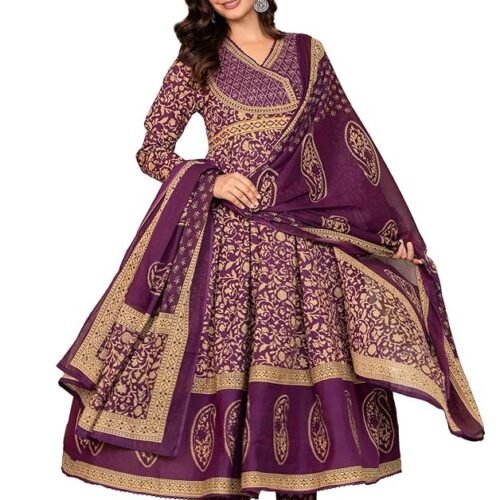 Pistaa's Women's Pure Cotton Anarkali Floral Printed Hand Work Kurta with Pant & Dupatta Set