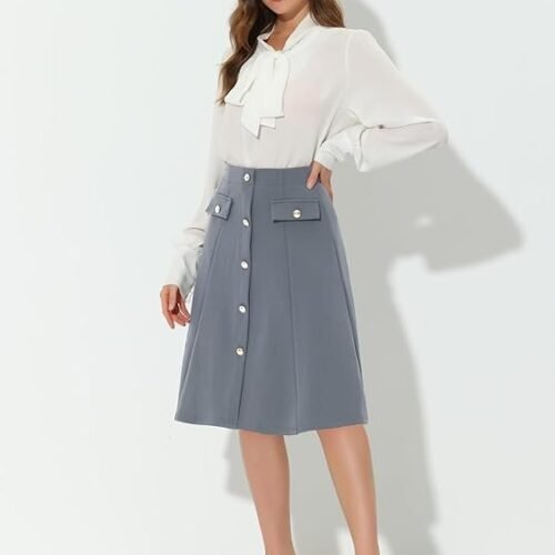 Allegra K Women's A-Line Button Front Work Formal Knee Length Skirt