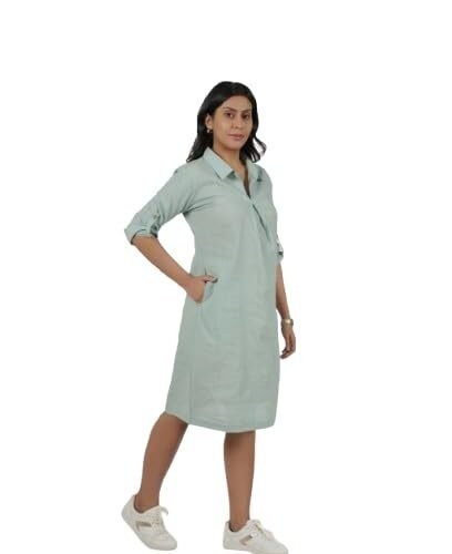Praga Women's Cotton Shirt Dress, Mint Green, Roll-up Sleeves, Knee Length, Casual, Spring Summer Wear