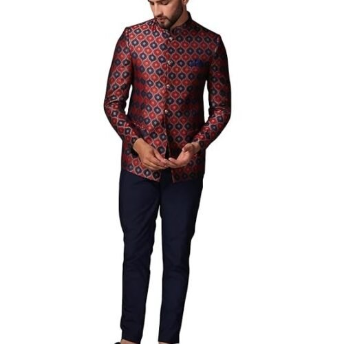 KISAH Mens Jodhpuri Bandhgala Trouser Set Silk Blend Jacquard, Ethnic Wear for Men, Maroon