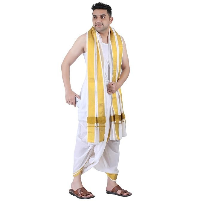 PRAKASAM COTTON Men Cotton Panjakejam (Ready To Wear) Casual Style Dhoti Towel Set With Pocket