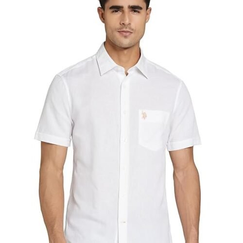 U.S. POLO ASSN. Men's Solid Cotton Linen Spread Collar Half Sleeve Shirts