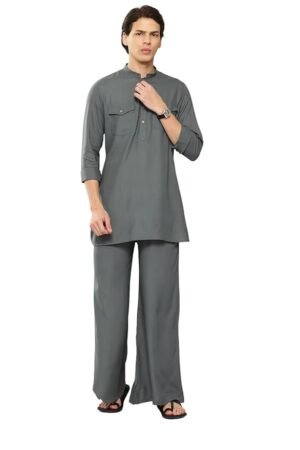 See Designs Men's Long Sleeve Curved Hem Mandarin Collar Rayon Solid Pathani Sets