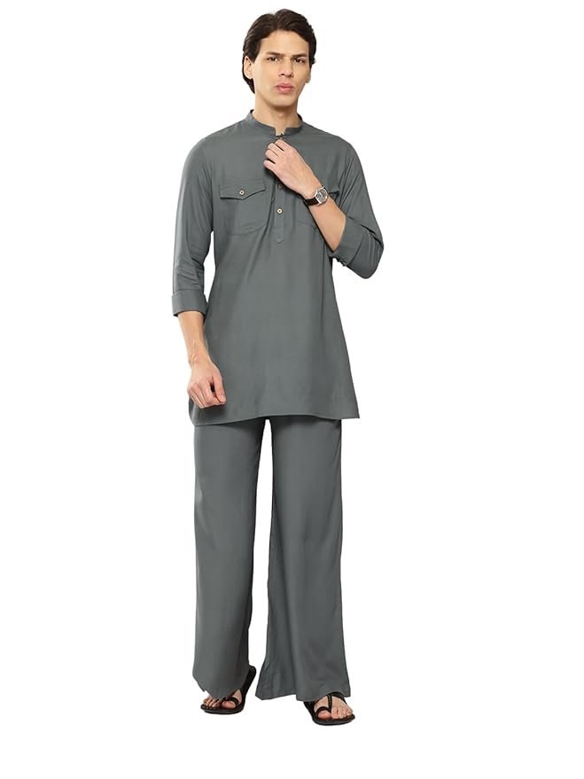 See Designs Men's Long Sleeve Curved Hem Mandarin Collar Rayon Solid Pathani Sets