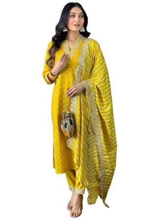 Naixa Women's Rayon Cotton Lining Embroidered Straight Kurta with Pant Dupatta Sets