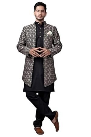 Amzira Men's Stylish Ethnic Wear Black Kurta Pajama Set with Long Jacket