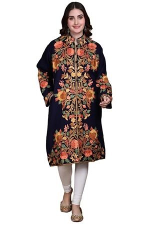 Exotic India Women's Kashmir Wool Long Jacket with Multicolor Floral Aari Embroidered | Beautiful Flower Embroidery Long Woolen Jacket, Coat For Winter