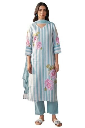 INDO ERA Women's Straight Linen Floral Print with Beads Work Kurta Pant with Dupatta Set