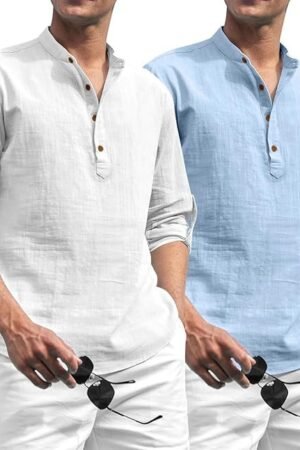 Zombom Combo of Men's Solid Cotton Blend Full Sleeve Straight Kurta Shirt