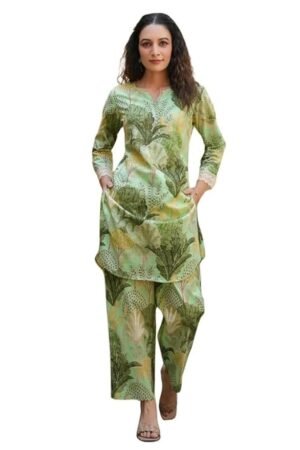 NAINVISH Women's Cotton Blend Green Printed V-Neck Co-ord Set | Daily & Casual Wear