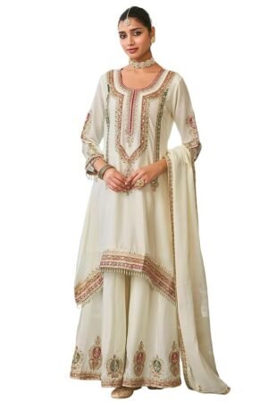 INDO ERA Women's A-Line Chinon Ethnic Motifs Embroidered Kurta & Palazzo with Dupatta Set