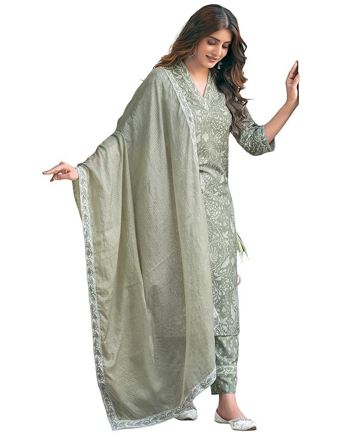SKYLEE Women's Rayon Floral Printed Printed Lace Straight Kurta with Pant & Dupatta